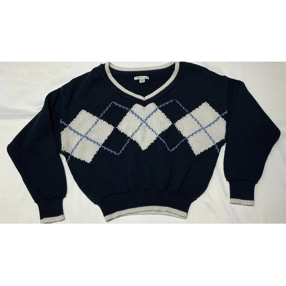 American Eagle Knit Sweater Womens XS Blue Argyle Pattern Cotton Preppy Academia